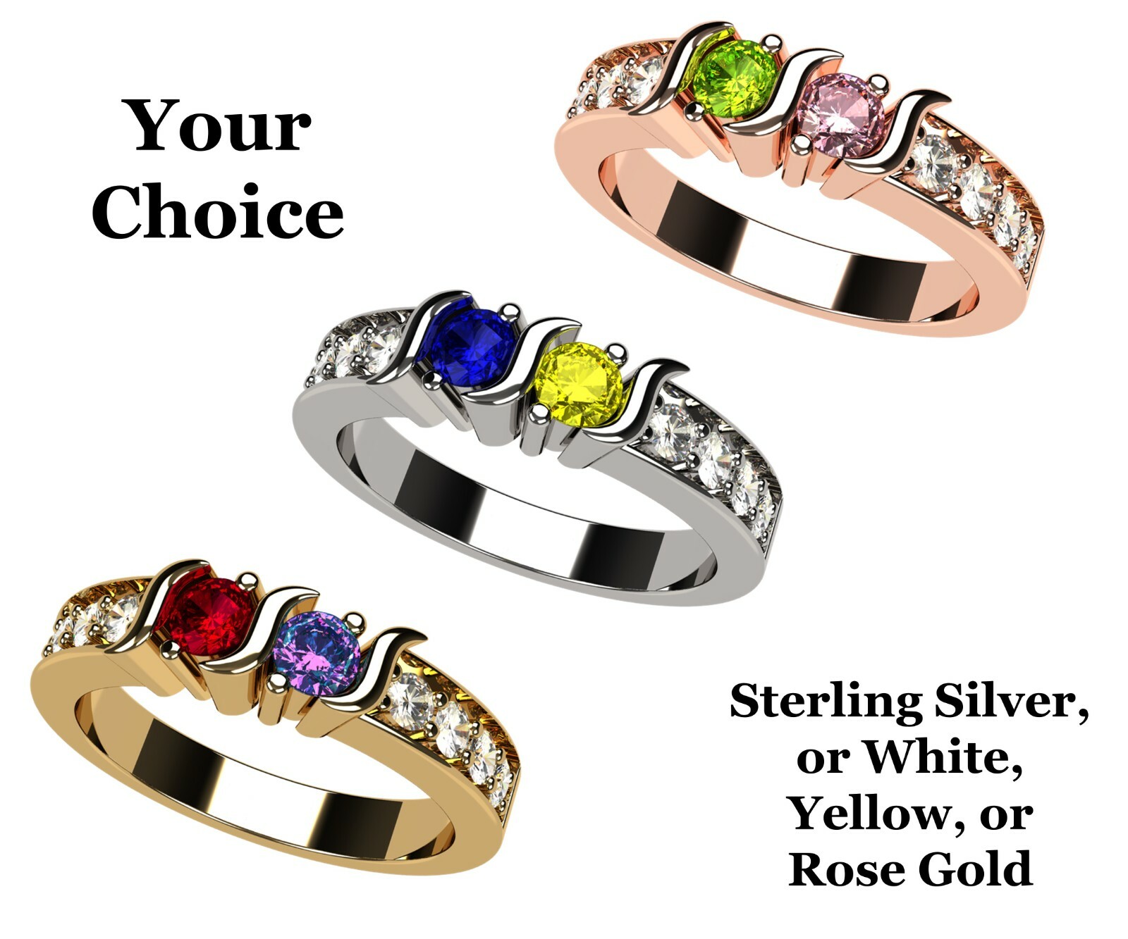 S-Bar With Sides 2 Stone Simulated Birthstone Couples Ring Silver, 10K or 14K