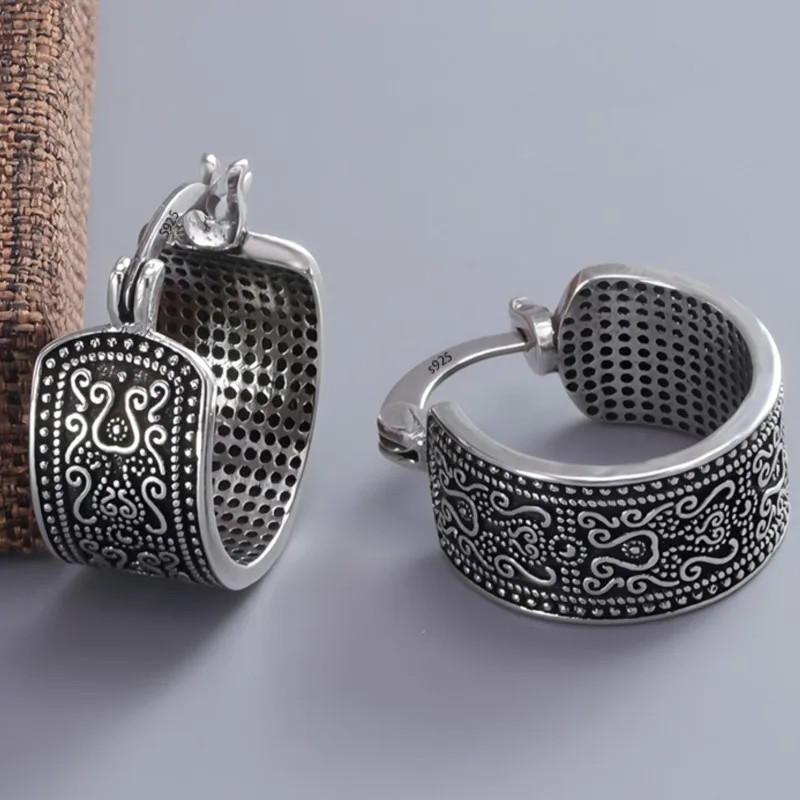 925 Sterling Silver Texture Flower Earrings For Women Gothic Trendy Simple Retro