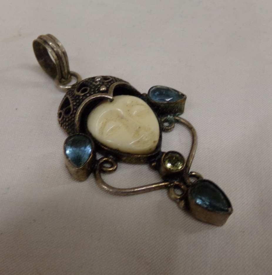 SAJEN Goddess Carved Silver Necklace Pendant With Blue Topaz Stones Unsigned