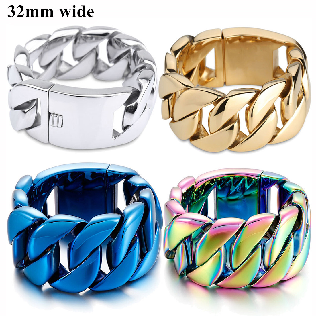 8.86″ 9.44″ Heavy Huge Polished Stainless Steel Cuban Link Chain Bracelet 32mm