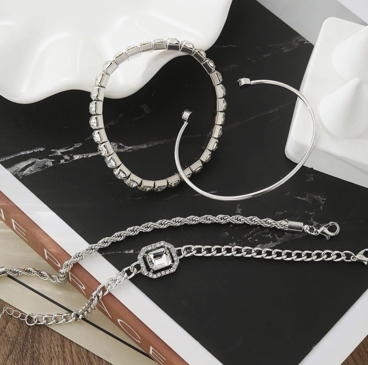 4PCS Dainty Silver Bracelets Set Women 14K Silver Plated CZ Paperclip Link Chain