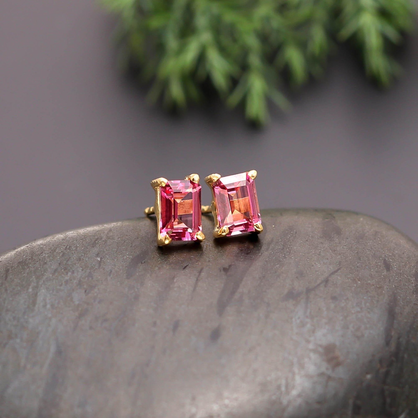 Natural Pink Topaz Octagon Stud Earrings Gold Plated 925 Sterling Silver Jewelry