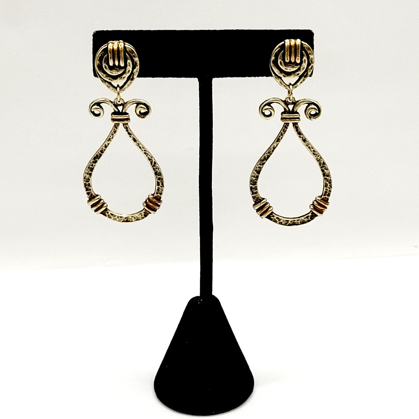 Modern Geometric Loop Hammered Look Ornate Stud Mix Metal Tone Pierced Earrings