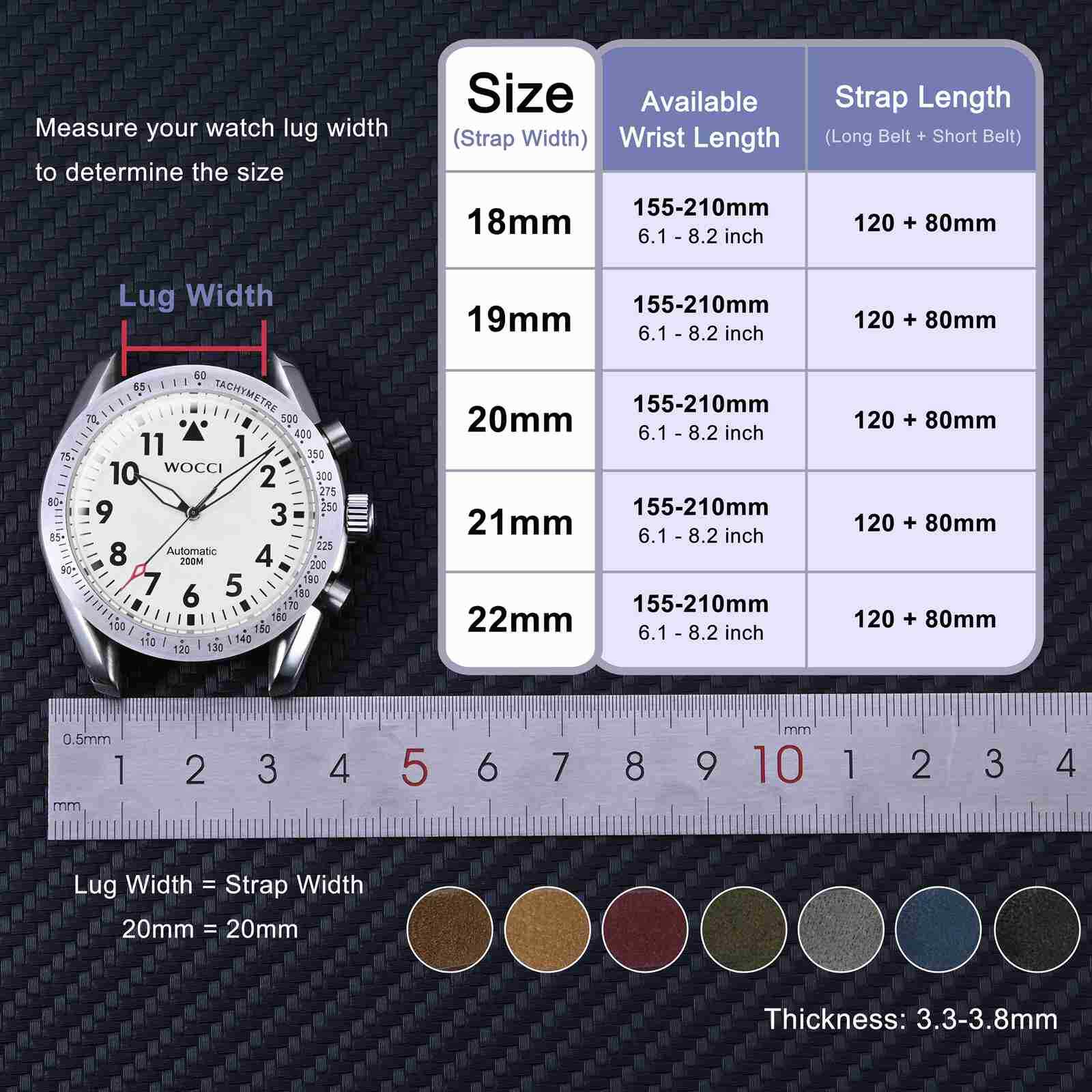 WOCCI Nubuck Top Grain Leather Watch Straps for Men Women Black Brown Green Blue