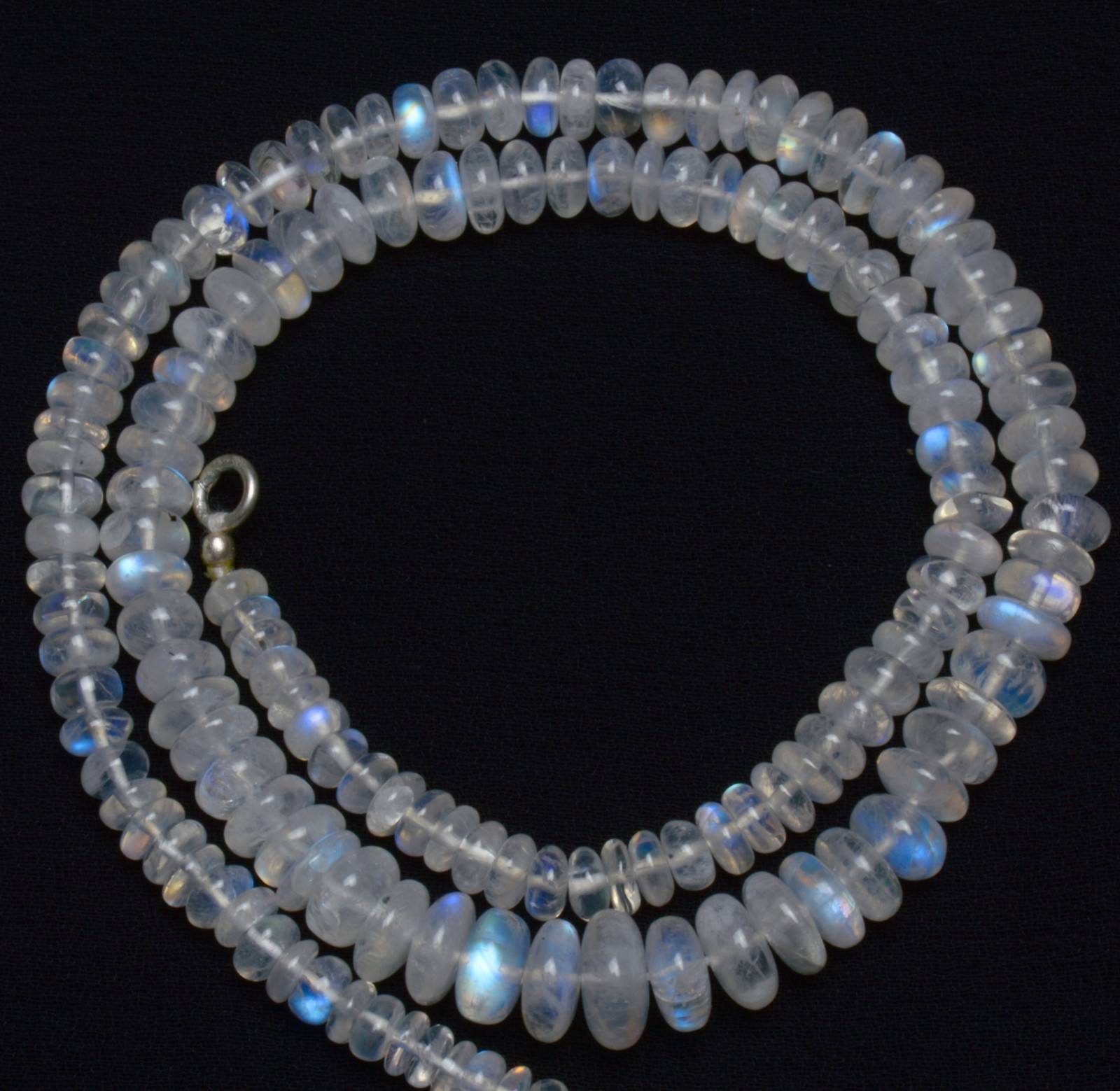 NATURAL GEM BLUE FIRE RAINBOW MOONSTONE SMOOTH 5-10MM RONDELLE BEADS 18″NECKLACE