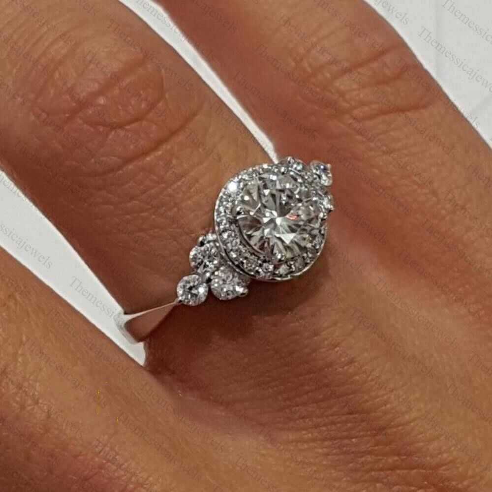 1.8 Carat Round Cut Real Moissanite Halo Engagement Ring 14K White Gold Plated