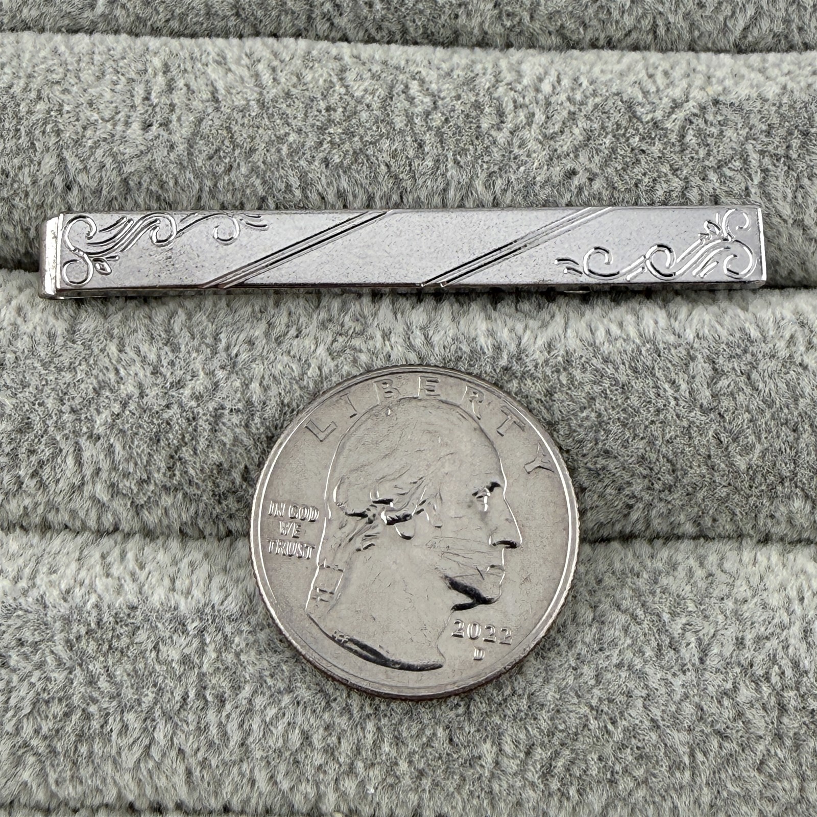 Vintage 1960s Anson Engraved Scroll Work Silver Tone 2.25″ Tie Bar Clip #65026