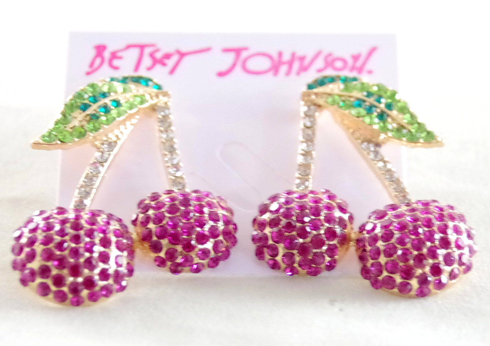 1 5/8″ NWOT BETSEY JOHNSON CRYSTAL RHINESTONE CHERRY FRUIT/ CHERRIES EARRINGS