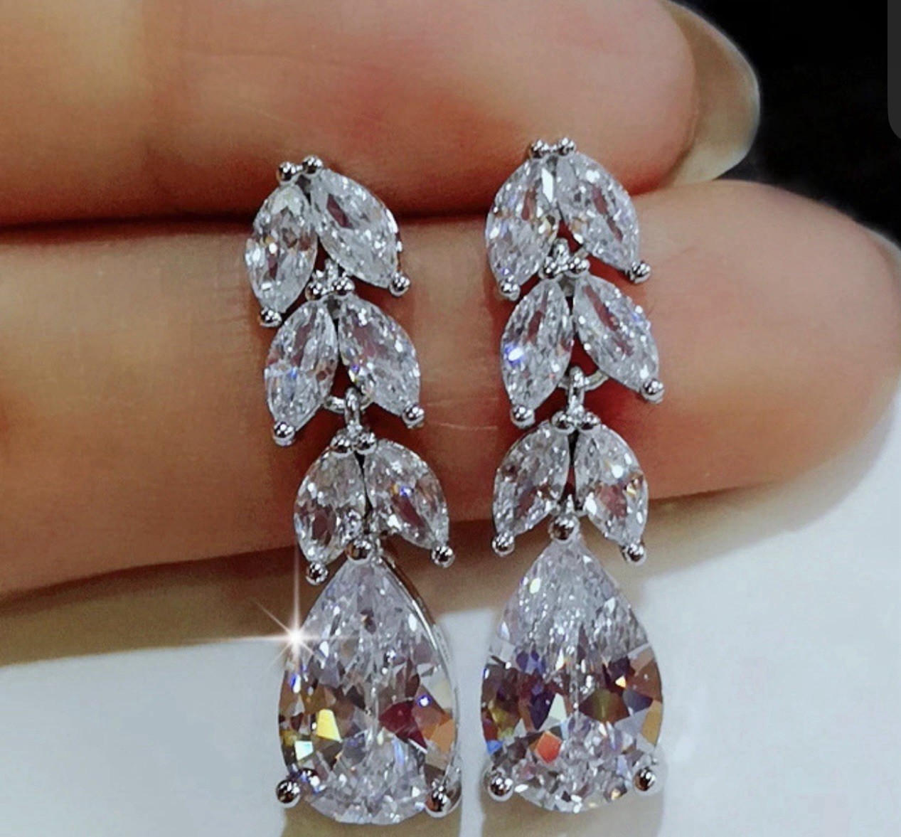 Clear Crystal Teardrop Rhinestone Earrings Silver Prom Pageant Drop Dangle