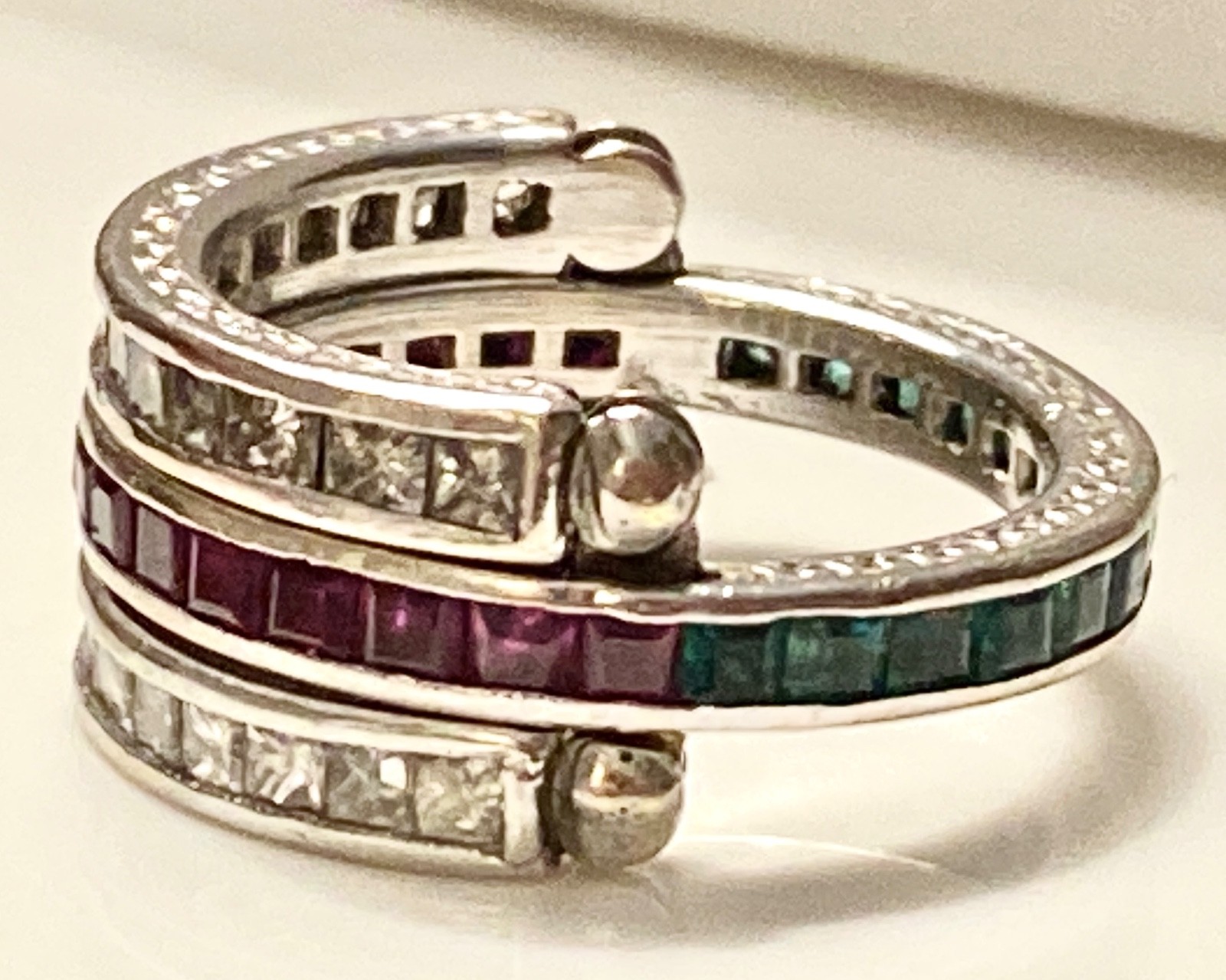 18K White Gold Diamond Ruby Emerald Reversible Flip Ring 1.20 CTW Size 5.25-5.5