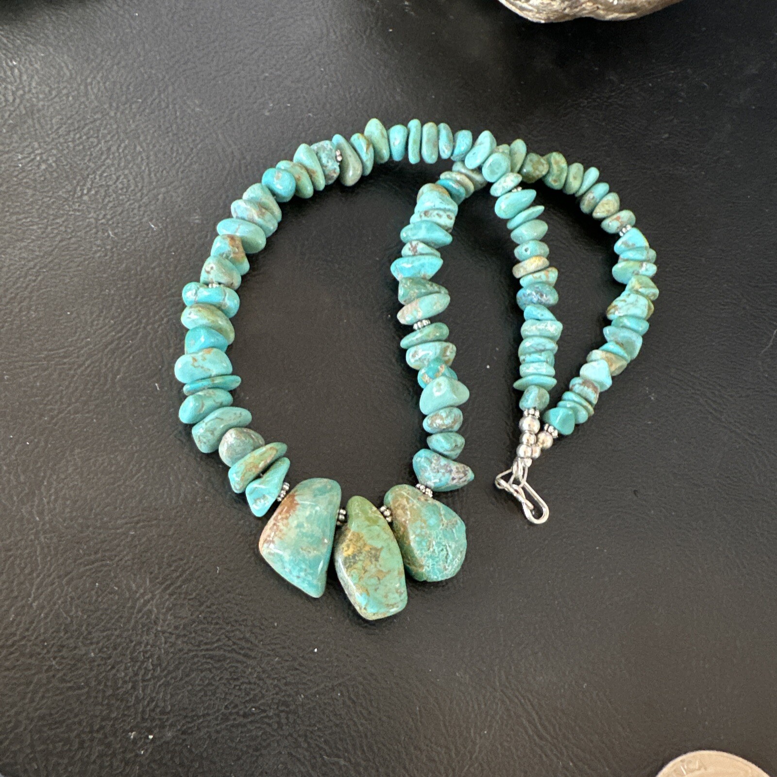 Green Royston Turquoise Bead Navajo Sterling Silver Beads Necklace 16” 15992
