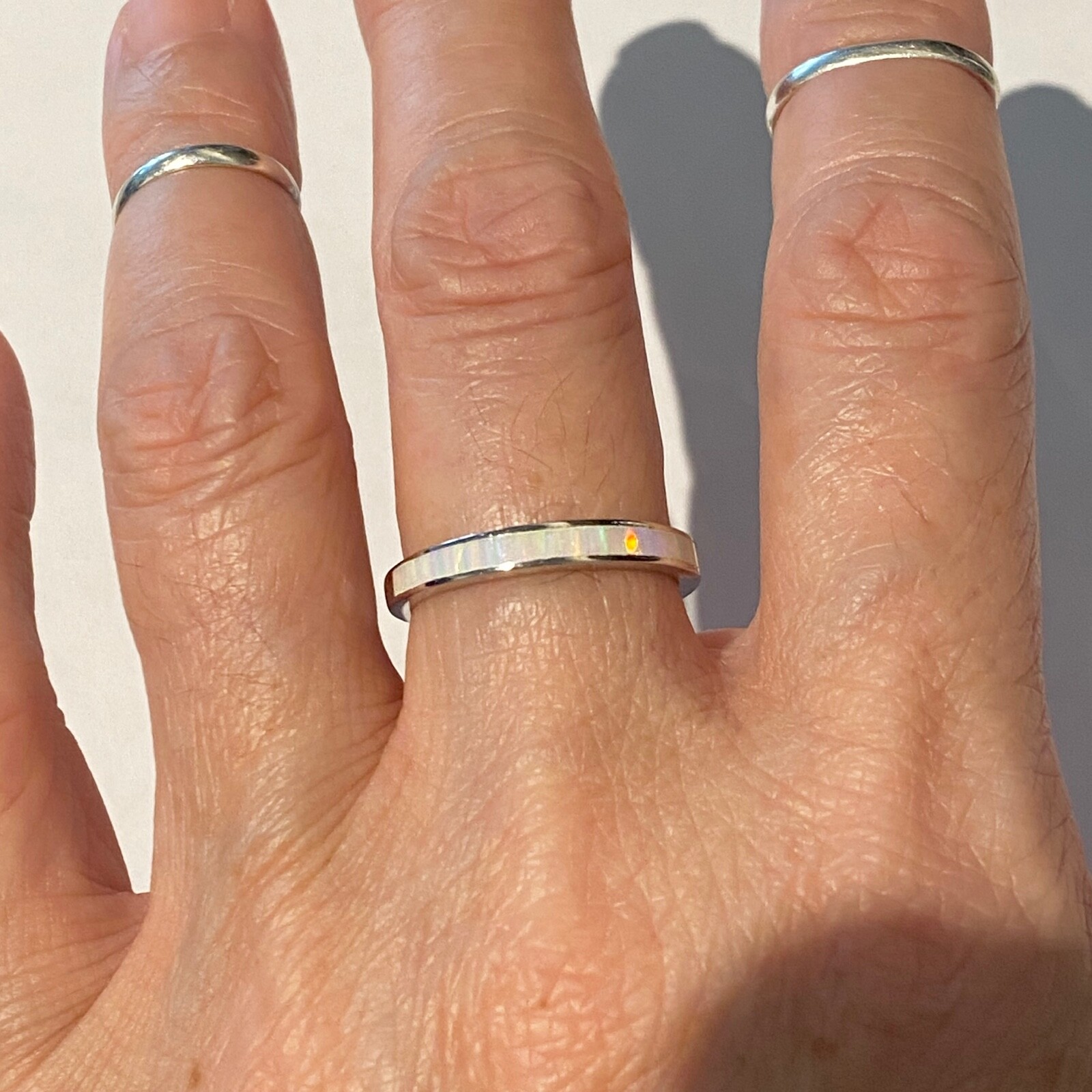 Sterling Silver White Lab Opal Band Ring, October Birthstone Rings, Wedding Band