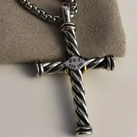 David Yurman Cable Cross sterling Silver and 18k gold pendant Necklace
