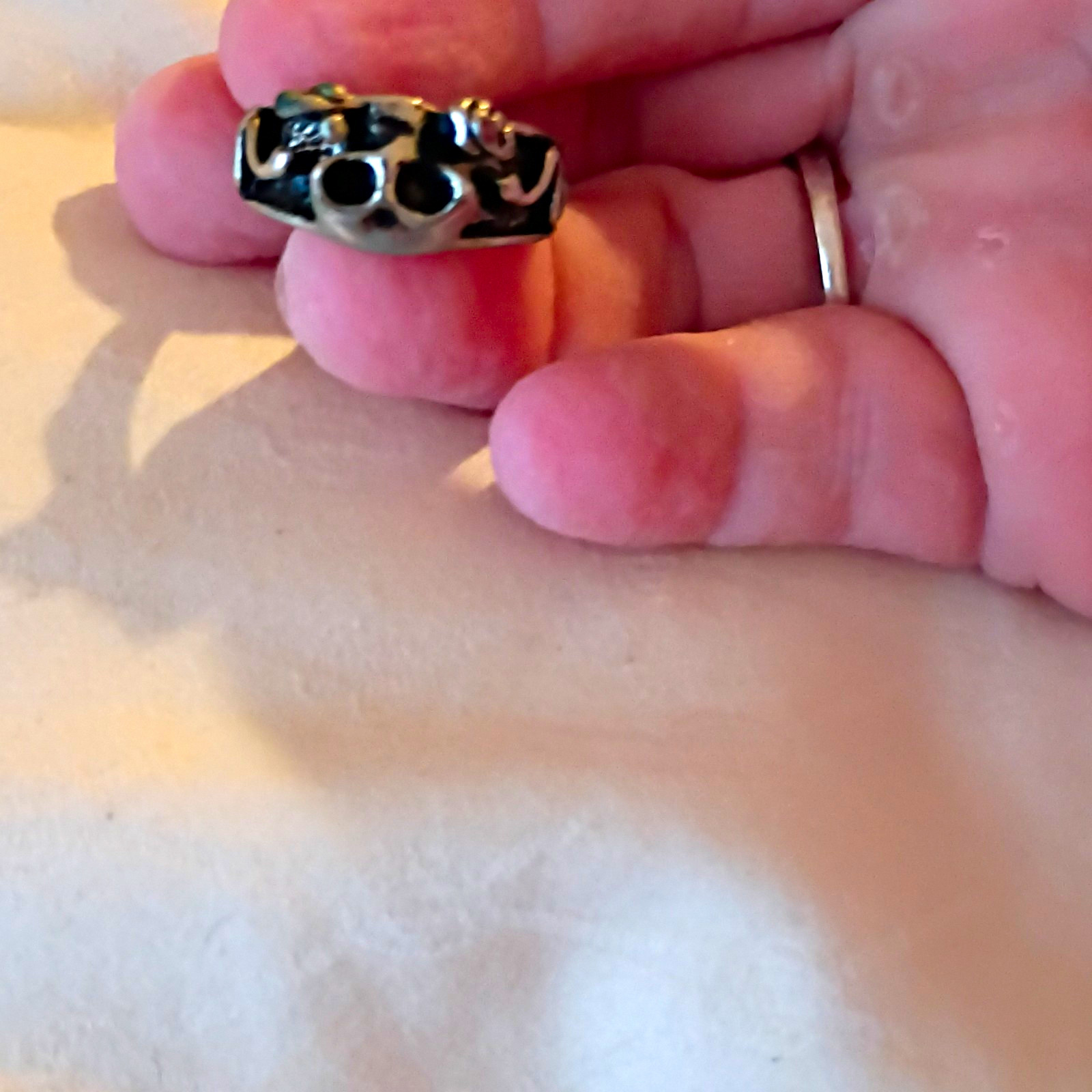 Skull Band Ring Size 7 Silver Tone & Black Enamel Metal Stackable