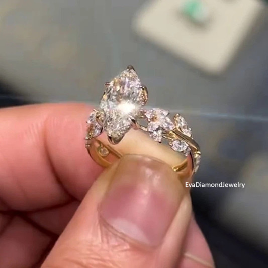 2.00 CTW Marquise Moissanite Cluster Set Engagement Ring 14k Yellow Gold Plated