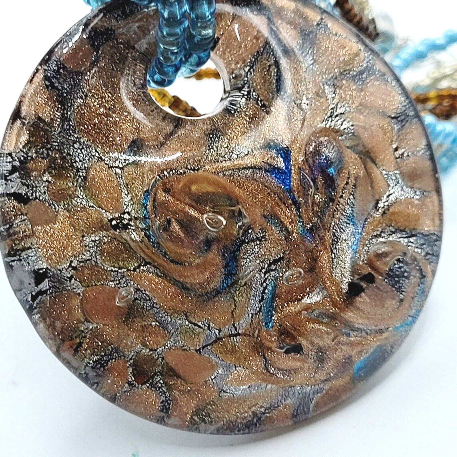 8 Strand Seed Beed Necklace with Metallic Foiled Large Round Art Glass Pendant