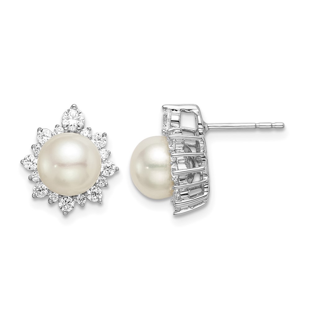 14k White Gold Round Cultured Pearl And Lab Grown Diamond Fancy Stud Earrings