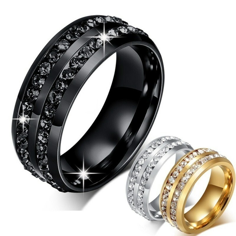 Black/Silver/Rose Gold Titanium Steel Men Women’s Wedding CZ Band Ring Size 6-13