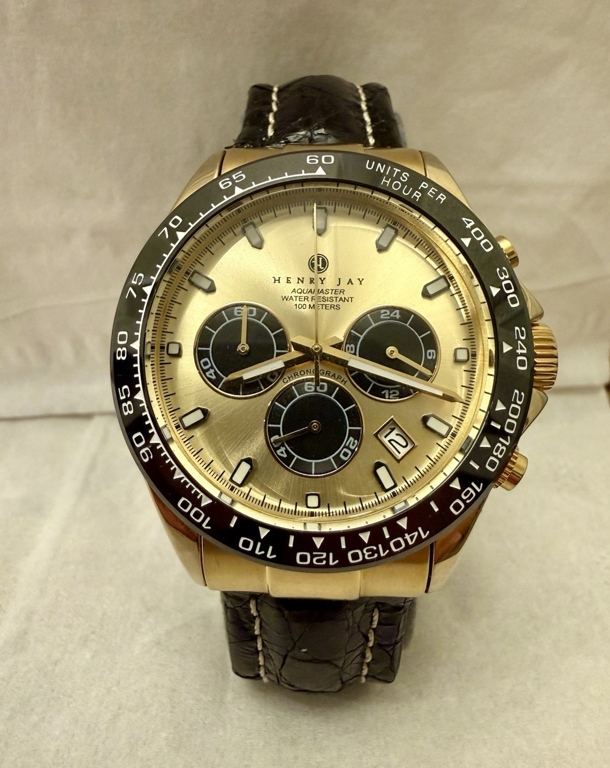 Henry Jay Aqua Master Quartz Chronograph Date Gold/Black Genuine Crocodile Strap