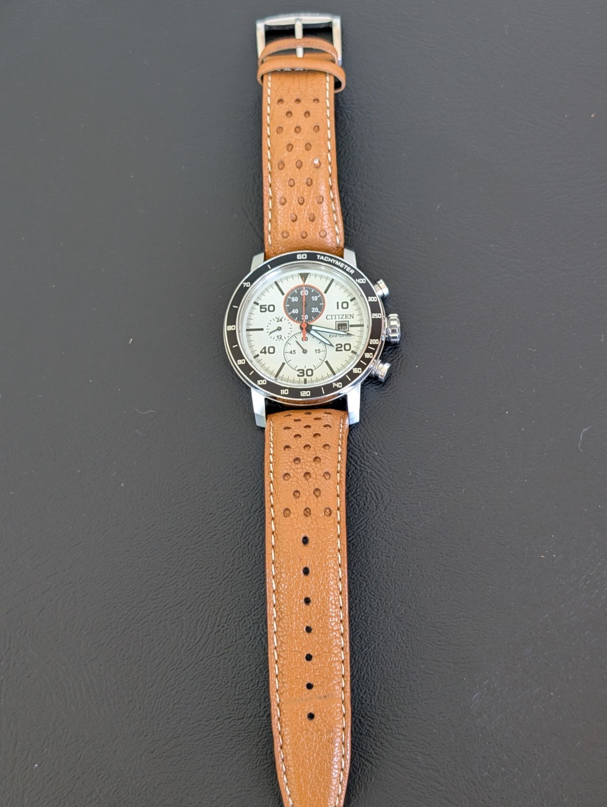 CITIZEN ECO DRIVE MAN’S BRYCEN CHRONOGRAPH LEATHER STRAP WATCH CA0649-06X