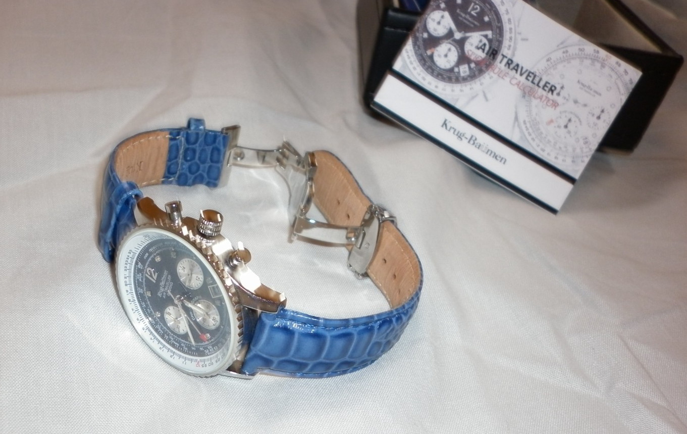 Krug Baumen Mens Air Traveller Diamond Silver – Blue Leather Watch with box