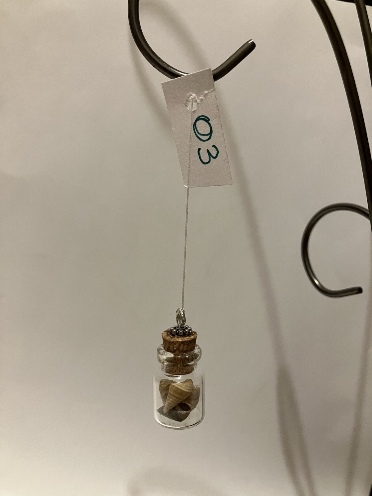 Mini Clear Glass Bottle Ornament w/ Cork Stopper & Shell Inside, Christmas