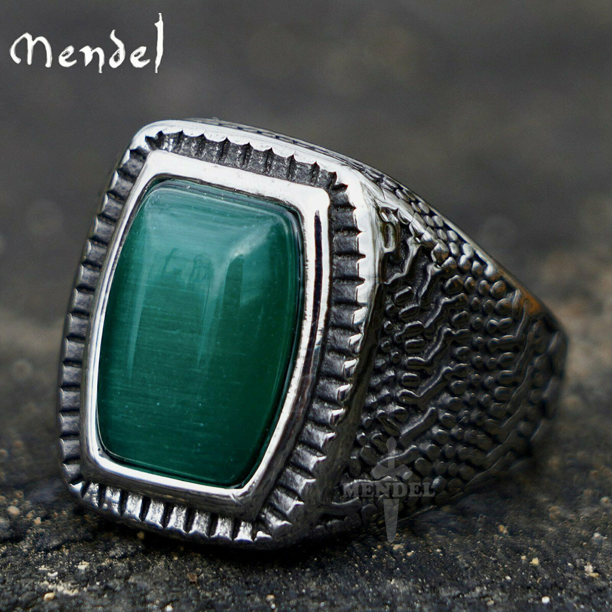 MENDEL Mens Stainless Steel Green Stone Bold Ring For Men Size 7 8 9 10 11 12 13