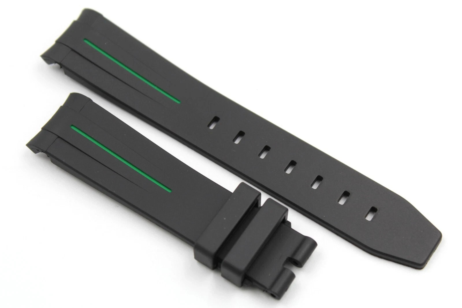 Black TPU Silicone Strap Green Strip 20/18mm Curved Handle Hypoallergenic New