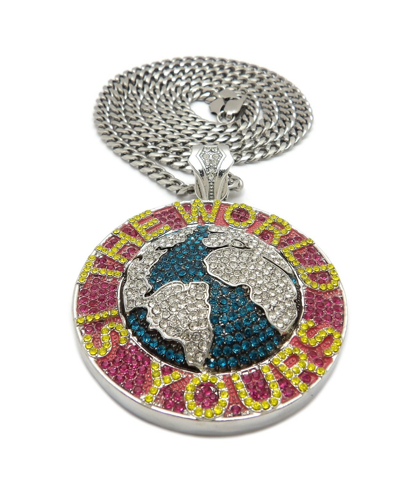 THE WORLD IS YOURS LARGE PENDANT & 6mm 36″ STAINLESS STEEL CUBAN CHAIN NECKLACE