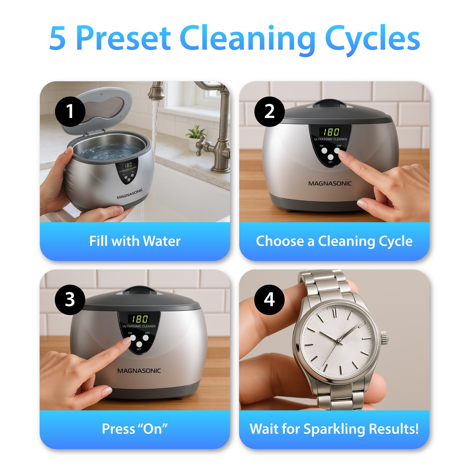 MAGNASONIC Digital Ultrasonic Jewelry Cleaner w/ Gem Jewelry Cleaner Concentrate