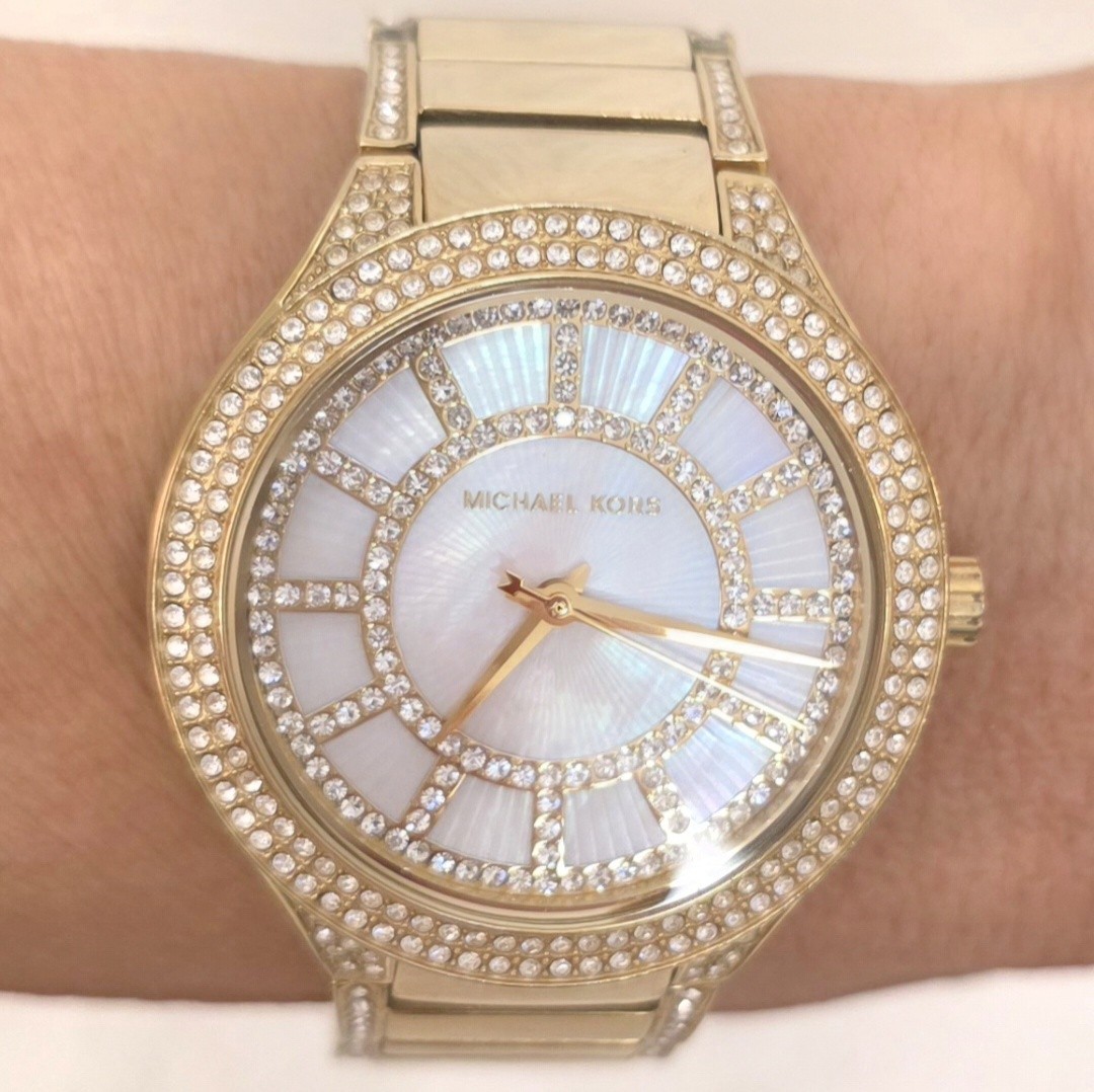 Michael Kors Gold Tone Crystal Pave Mother of Pearl MK Bracelet Watch