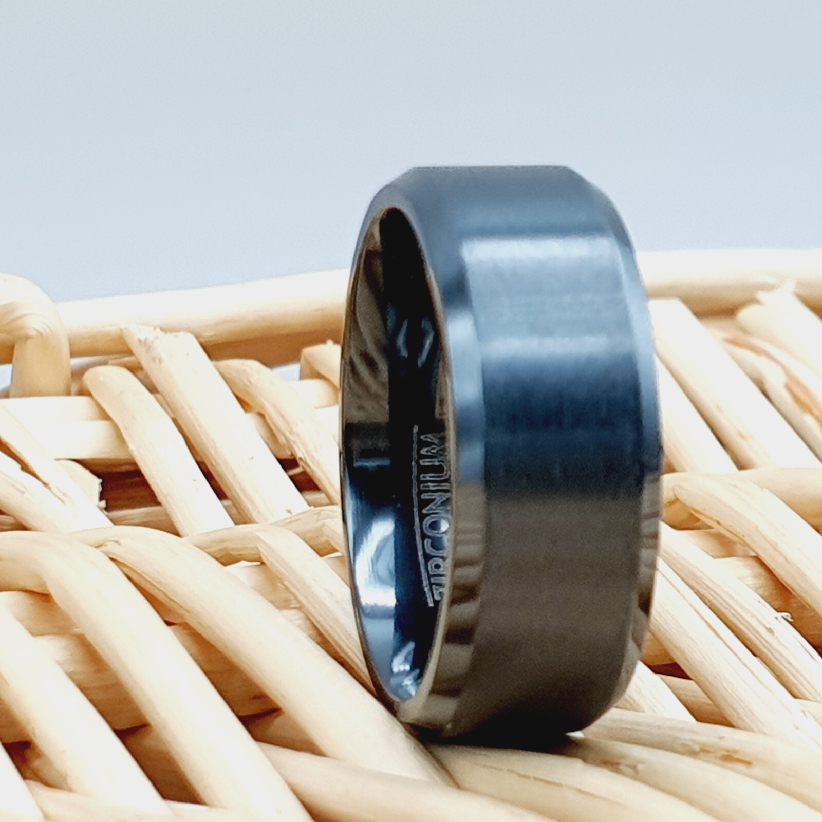 Men’s Black Zirconium Wedding Band – Flat High Polished Beveled Ring