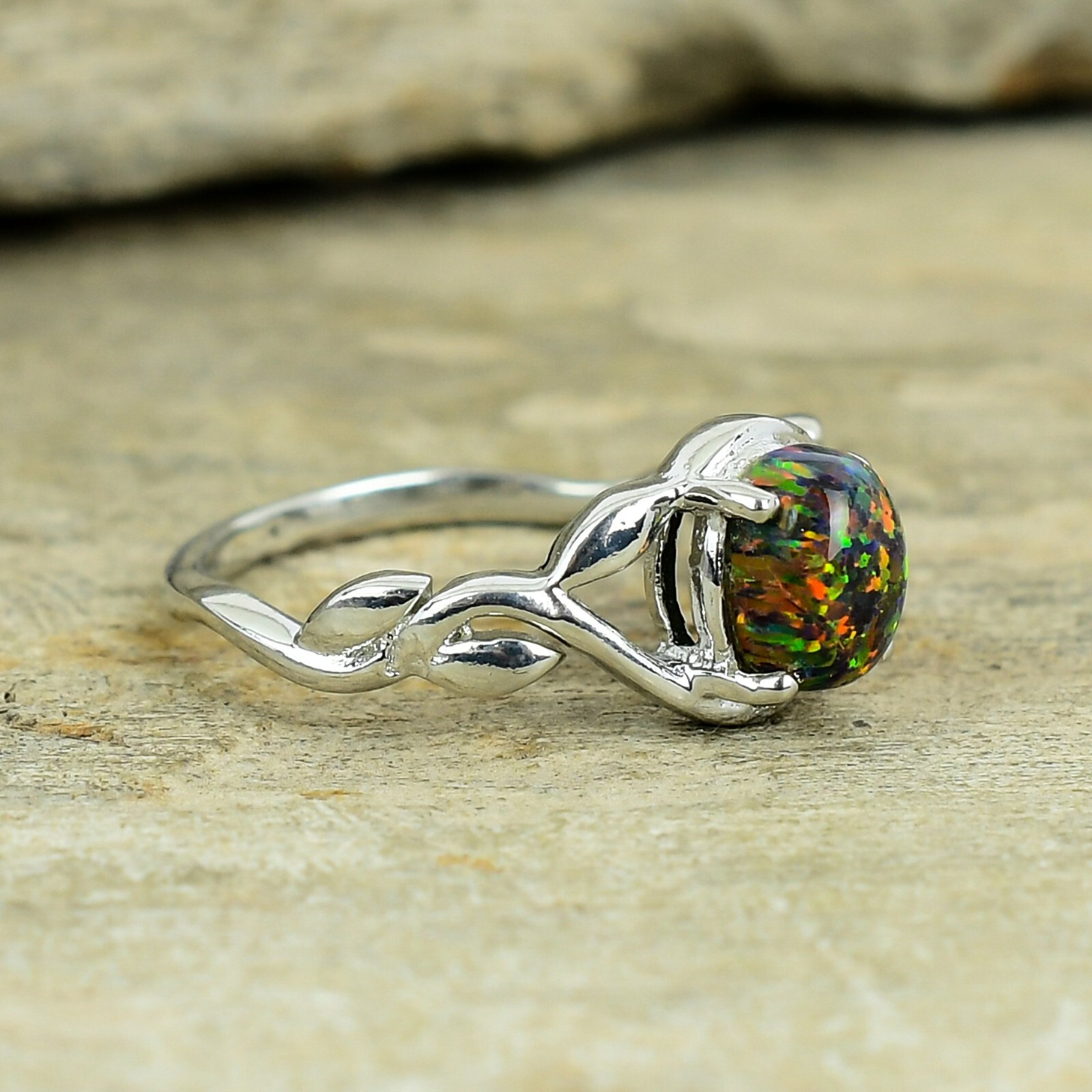 Natural Black Opal Ring, Solid 925 Sterling Silver Ring, Designer Dainty Ring
