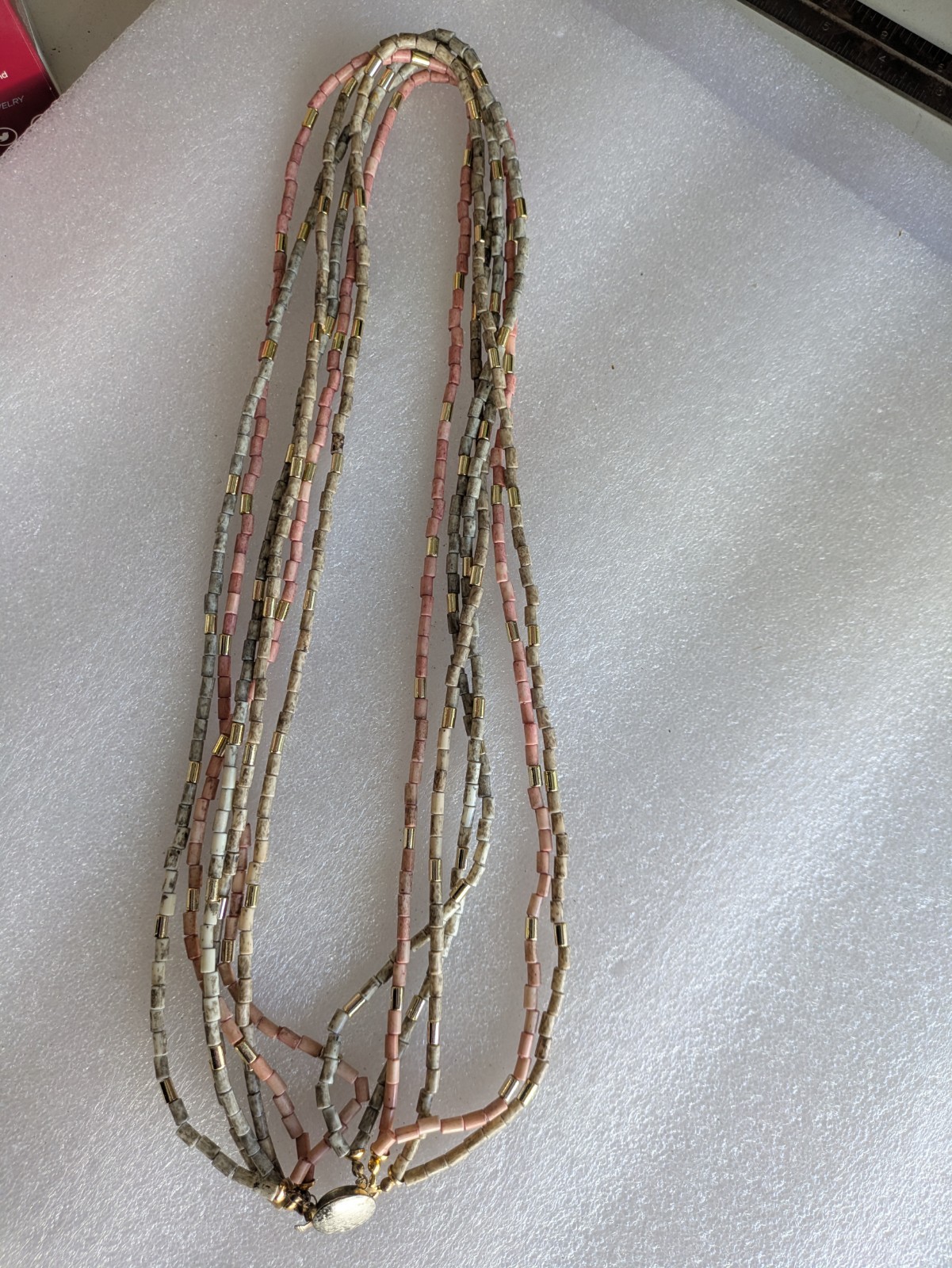 Vintage pink and gray beaded multi strand necklace circle box clasp gold