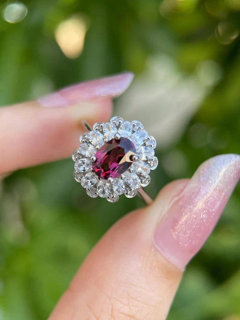 2.80 Ct Oval Natural Garnet Diamond Wedding Ring 14K Real White Gold Size 6 7 8