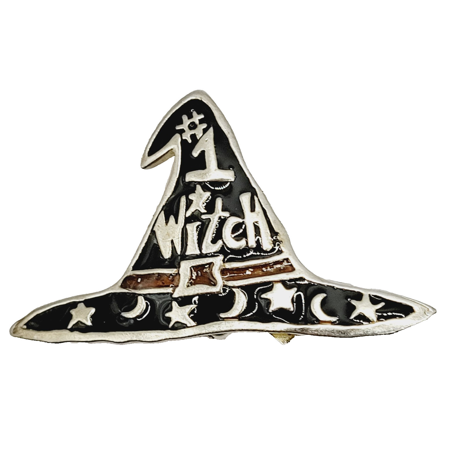 Number 1 Witch Black Witches Hat Metal and Enamel Halloween Vintage Brooch Pin