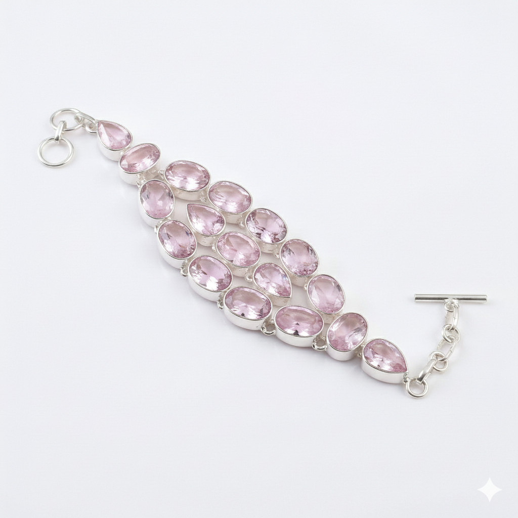 Pink Kunzite Gemstone Handmade 925 Sterling Silver Jewelry Chain Bracelet ADJ