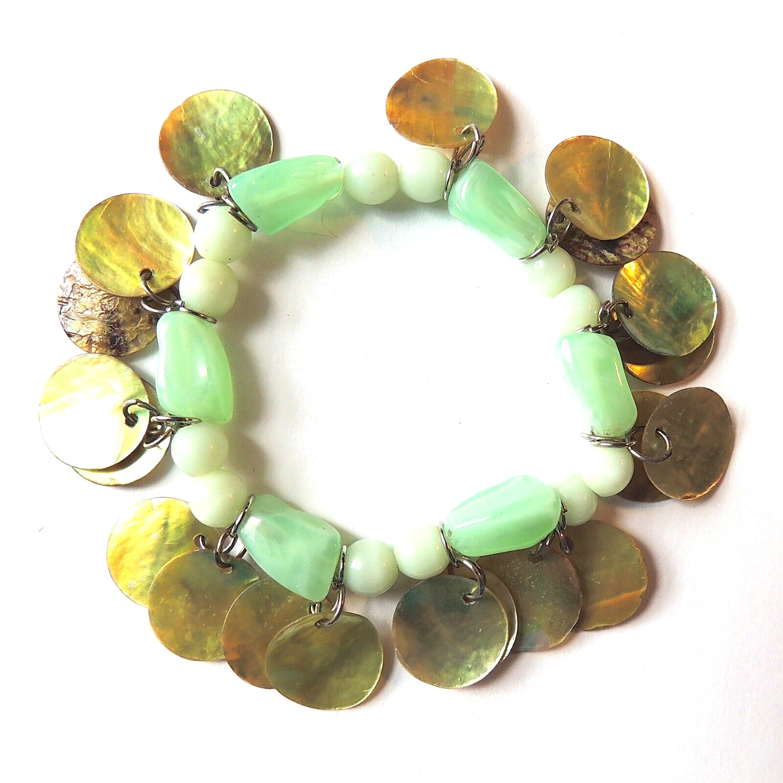 Green MOP Wafer Dangles & Multishade Green Jade Beads Stretch Bracelet