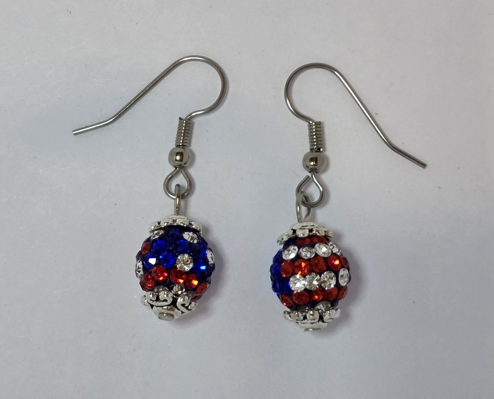 Crystal Ball Dangly Earrings Red White Blue Patriotic Artisan Dr. Gem’s® 1.5″