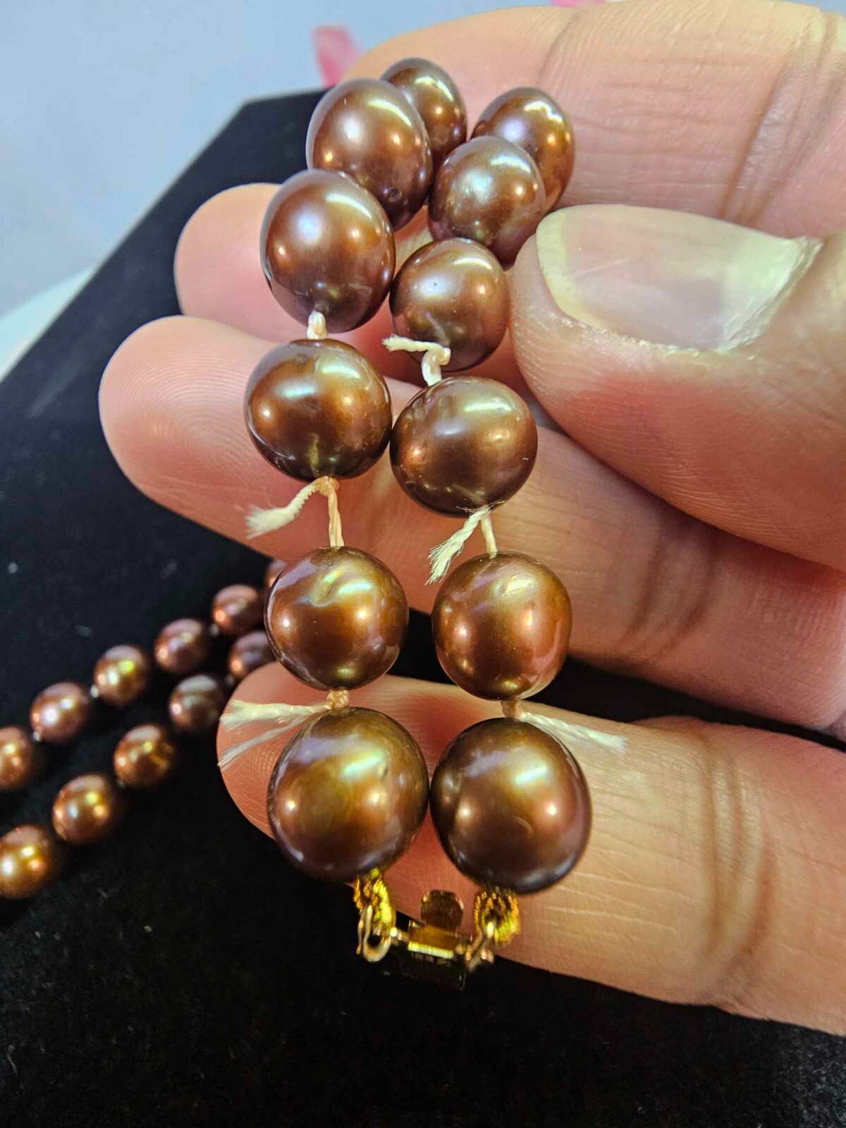 Marked 14K Flower Clasp Double Strand Bracelet w/ Brown Pearl 8.25in”- S37
