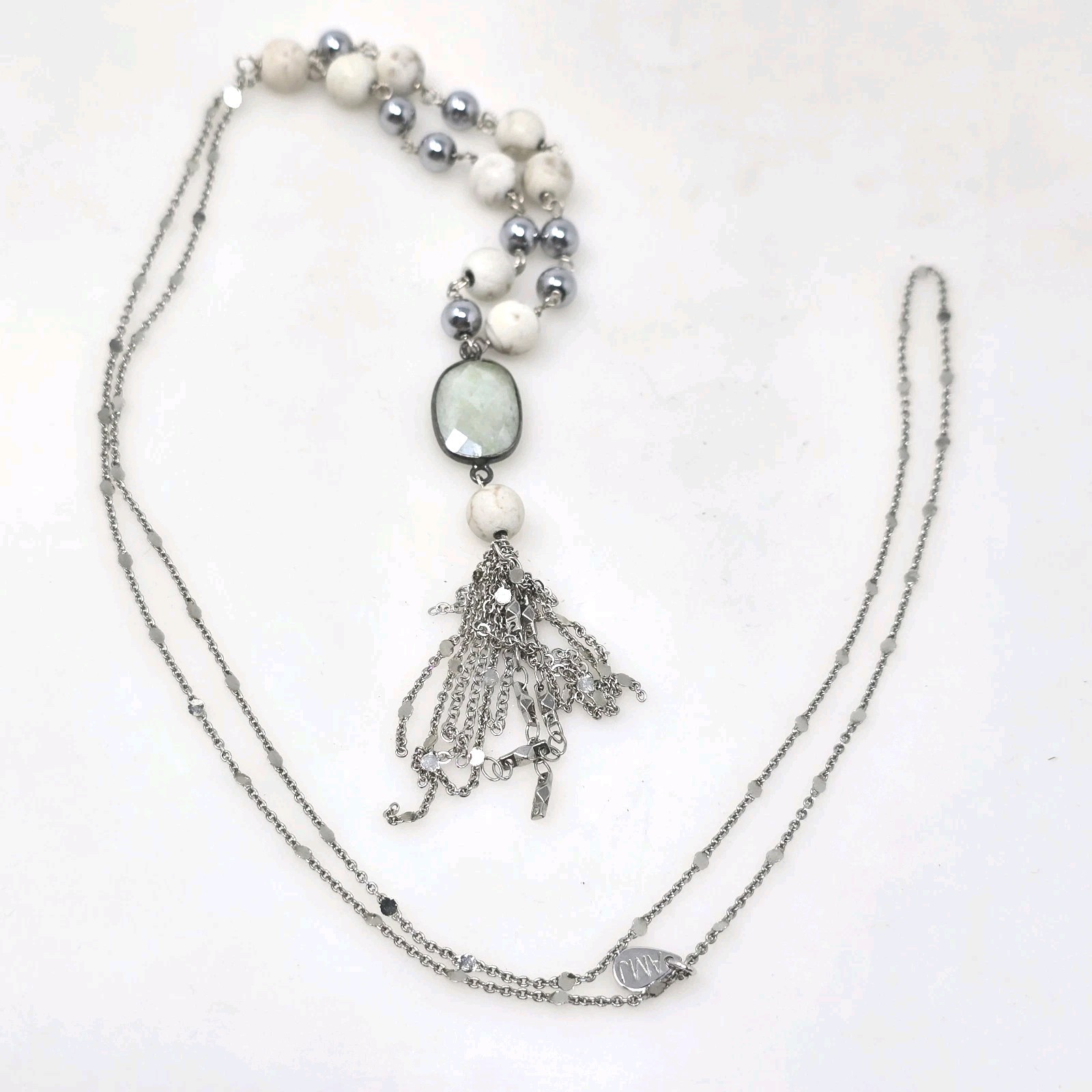 AMJ 34″ Beaded Tassel Necklace Faceted Crystal Pendant Silver Tone Long