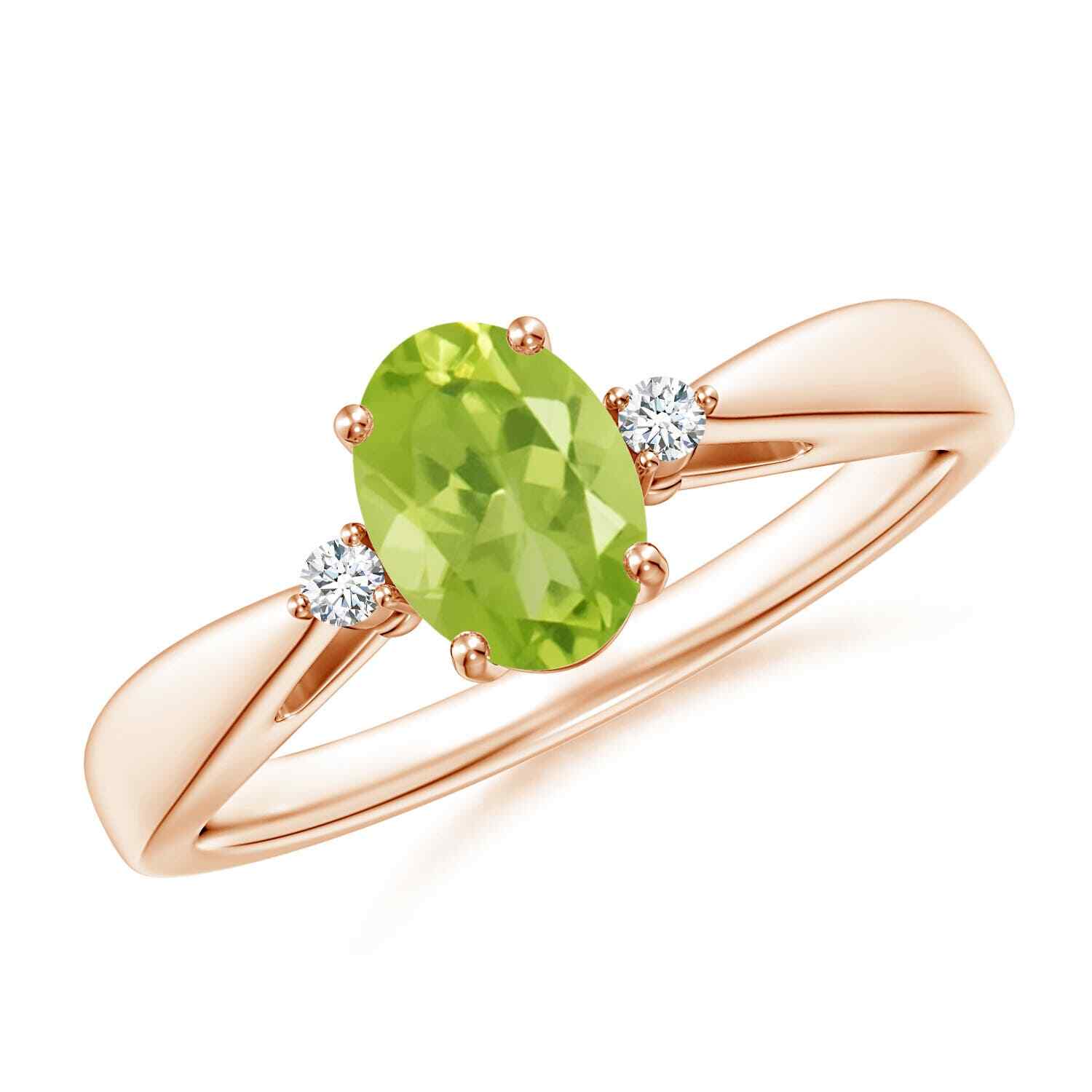 ANGARA 0.89 Ct Tapered Shank Peridot Solitaire Ring with Diamond in 14K Gold