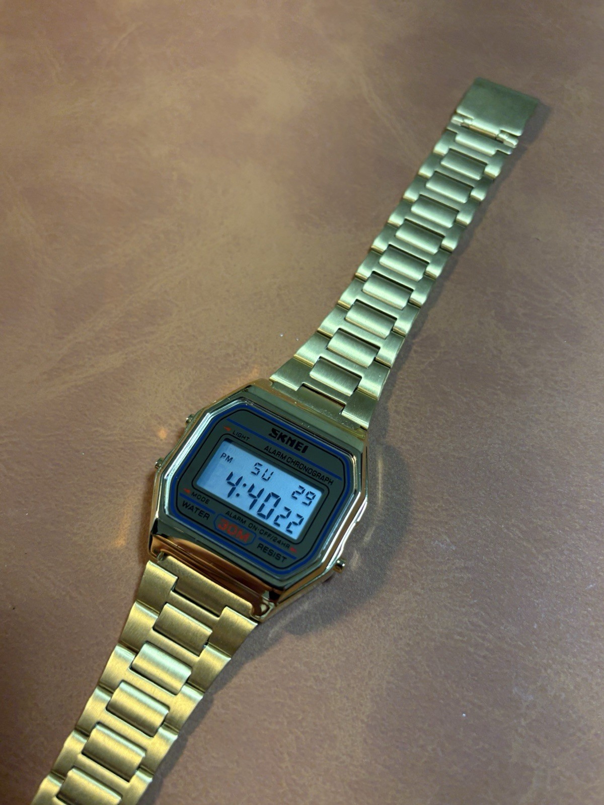 Retro Design Skmei Digital Men Watch WR30M,Gold Tone,Chrono,Alarm,Runs