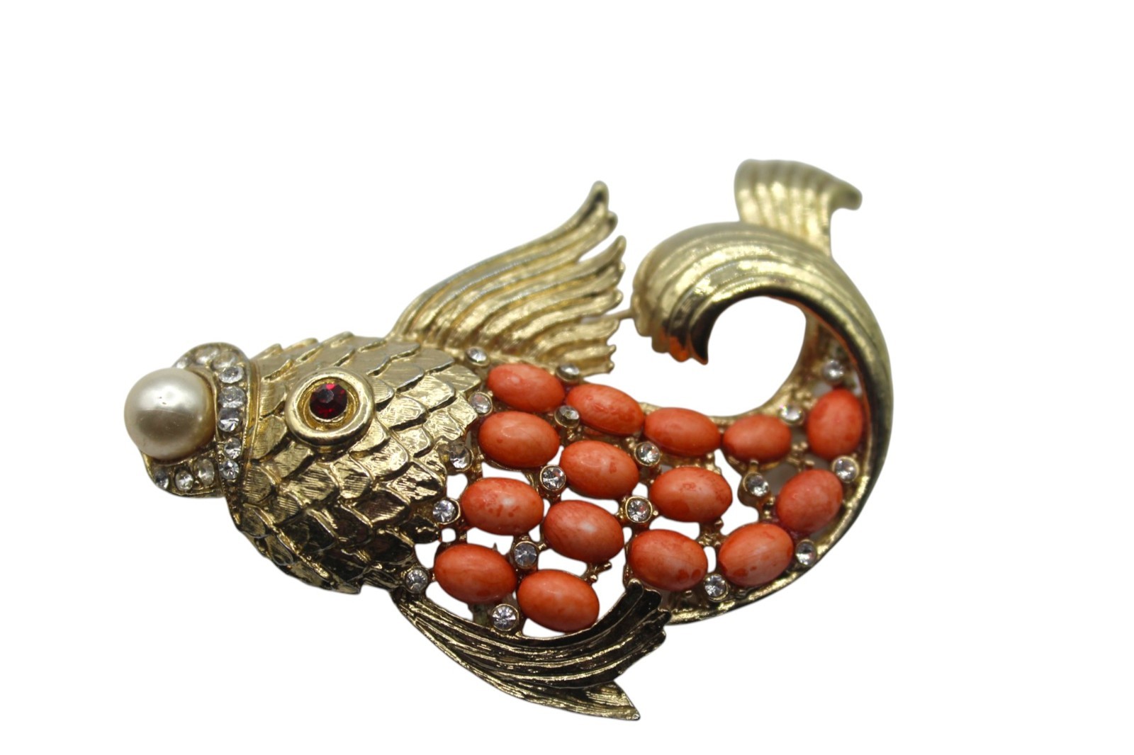 Vintage Gold Tone Koi Fish Brooch Crystal Cabachon Pearl Figural