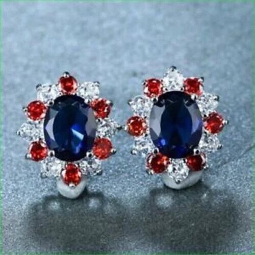 Women’s 2.20Ct Oval Simulated Sapphire Halo Stud Earring 14K White Gold Plated