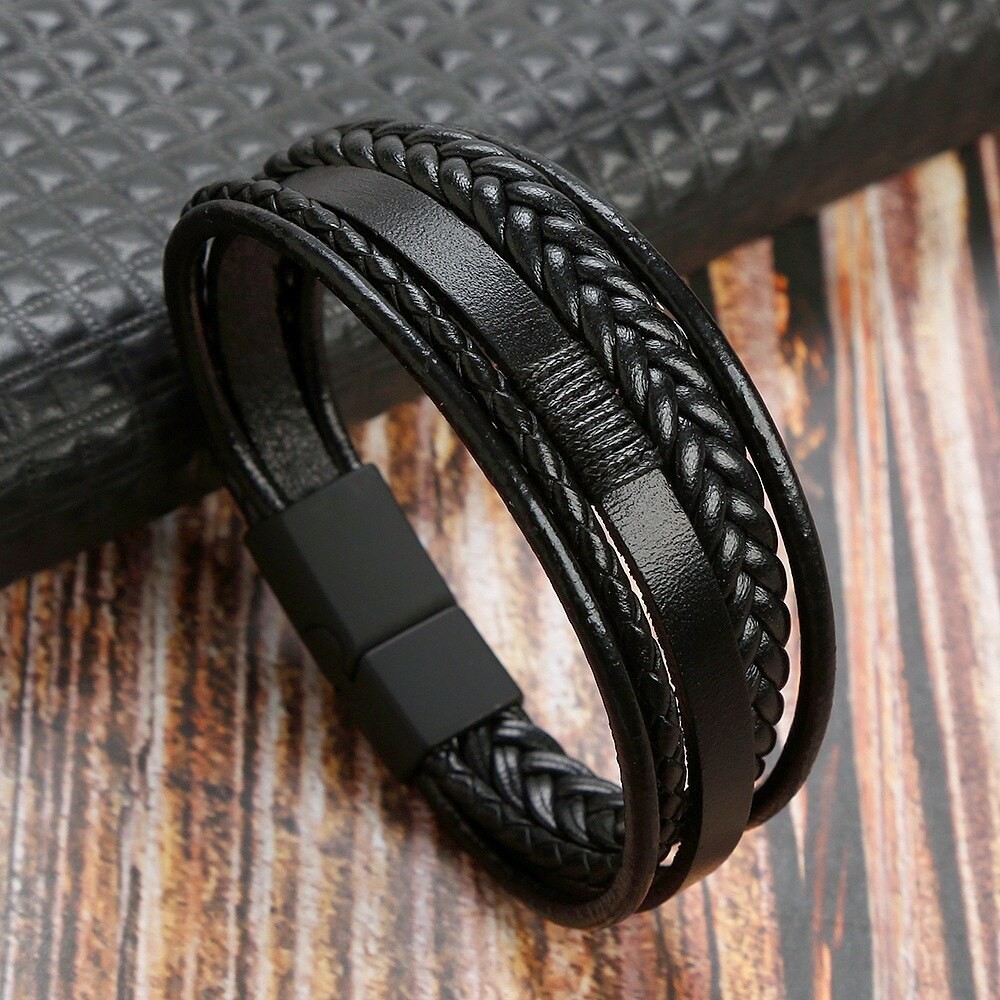 Men Genuine Leather Bracelet Multilayer Braided Rope Magnetic Wristband Black