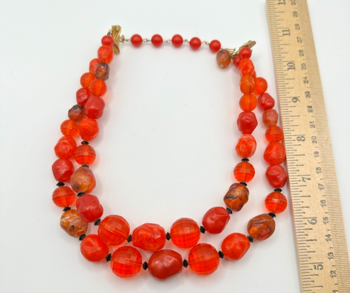 Gorgeous Signed Coro 2 Strand Beaded Choker Necklace Lucite Vintage Red Orange