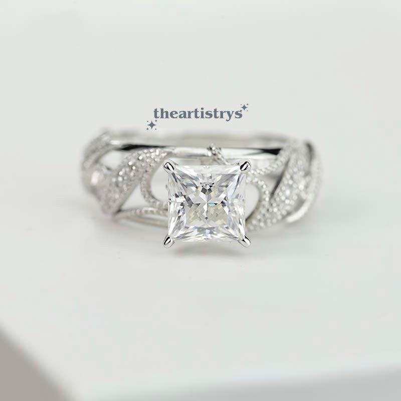 Moissanite Vintage Engagement Ring Solid 14K White Gold 2.15 Carat Princess Cut