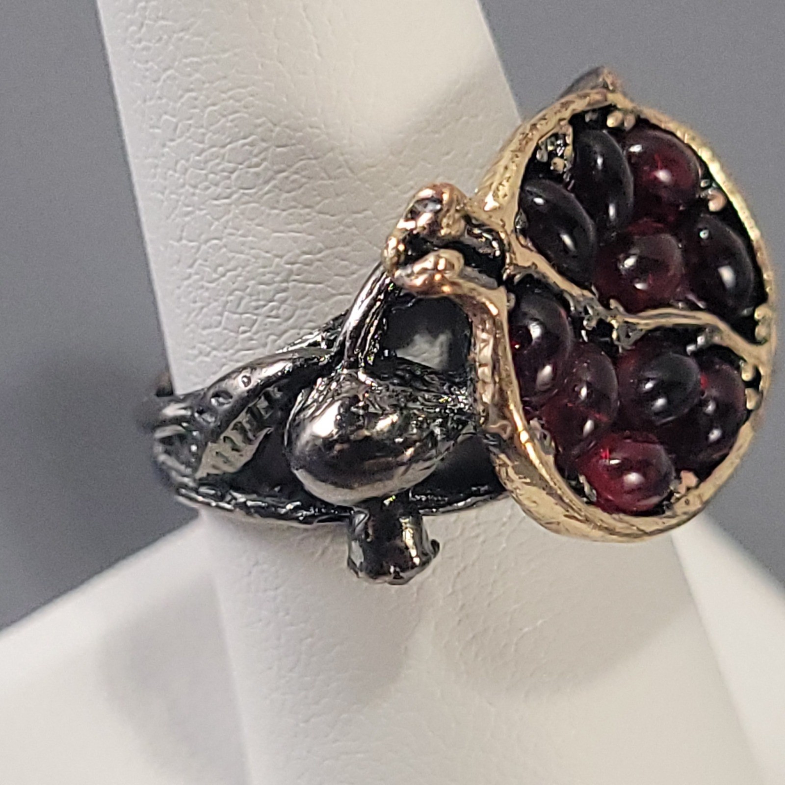Pomegranate Statement Ring Women Size 7.5 Red Gunmetal Gold Tone Branch Band
