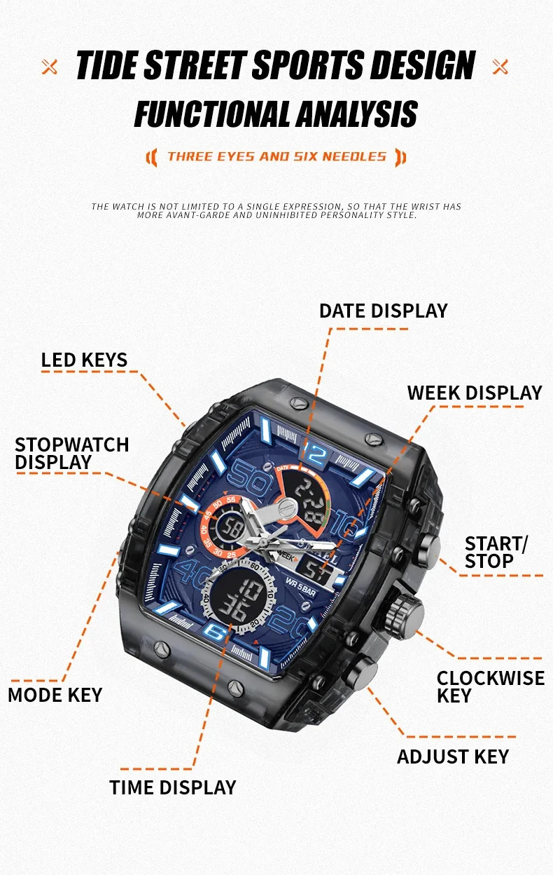 8109 Men’s Multifunctional Digital Sports Watch 50M Waterproof Dual Display LED